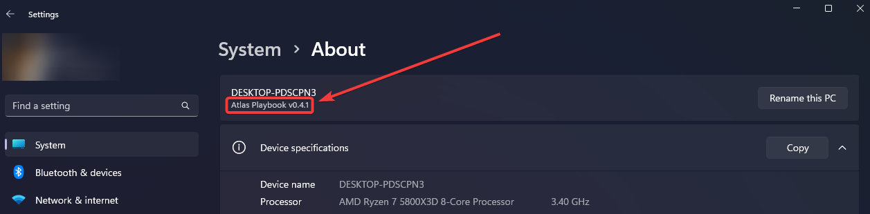 Windows Settings About page showing Atlas Playbook version under the device name